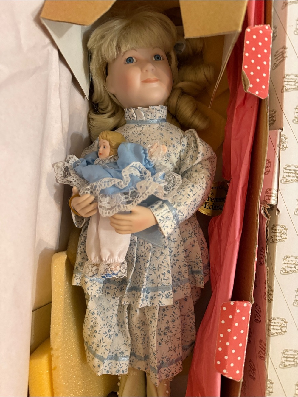 Porcelain Collector Doll in Blue Floral Dress